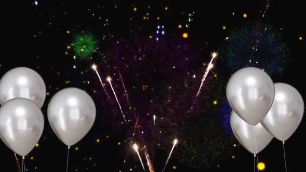 Animace Stříbrných Balónů Ohňostrojem Černém Pozadí Nový Rok Silvestr Párty — Stock video