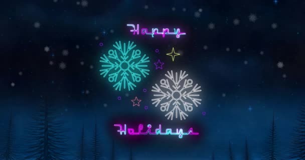 Animación Felices Fiestas Texto Neón Sobre Copos Nieve Fondo Del — Vídeo de stock