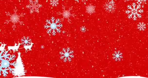 Animation Snowflakes Falling Santa Claus Sleigh Pulled Reindeers Red Background — Stock Video