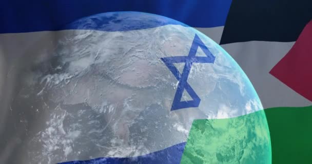イスラエルとパレスチナの国旗の上の世界のアニメーション パレスチナのイスラエル紛争 ビジネス グローバルな政治コンセプトがデジタル生成されたビデオ — ストック動画