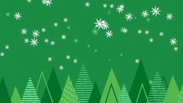 雪片动画 三塔骑雪橇与驯鹿和树木的绿色背景 数字生成 全息图 圣诞节 假日和庆祝活动 — 图库视频影像