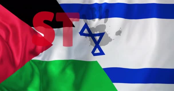 Анимация Стоп Военного Текста Над Израильскими Палестинскими Флагами Конфликт Между — стоковое видео