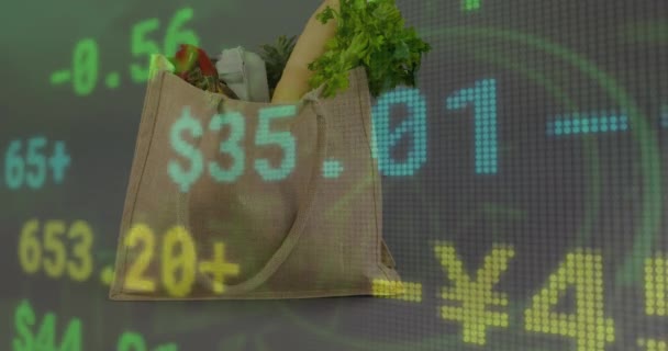 Animación Números Con Signos Dólar Sobre Bolsa Compras Con Verduras — Vídeos de Stock