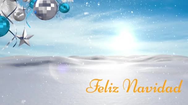 Animación Nieve Cayendo Sobre Feliz Navidad Banner Texto Decoraciones Colgantes — Vídeo de stock