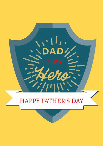 Dad is my hero, happy father\'s day text in shield and banner on yellow background. Father\'s day celebration and greetings design, digitally generated image.