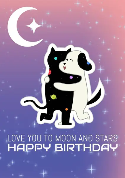 Love you to the moon and stars, happy birthday text with embracing cat and dog, moon and stars. Boyfriend and girlfriend birthday celebration greetings from partner design, digitally generated image.