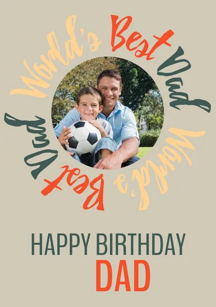 World\'s best dad, happy birthday dad text, with smiling caucasian father and son, on grey. Birthday congratulations for father, celebration and greetings design, digitally generated image.