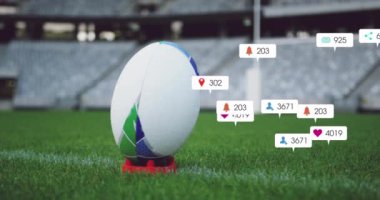 Stadyumda bir ragbi topuna yakın duran sosyal medya ikonlarının canlandırılması. Sosyal medya ağı ve spor konsepti