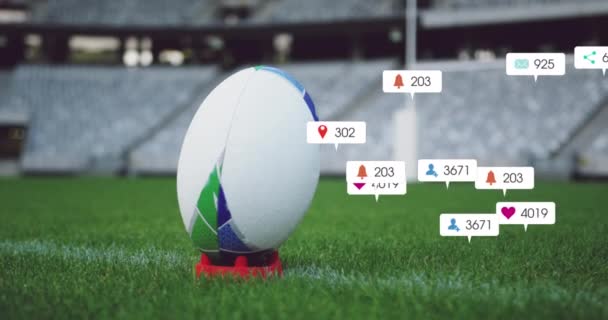 Animacja Ikon Social Media Foto Przed Zbliżeniem Piłki Rugby Stoisku — Wideo stockowe