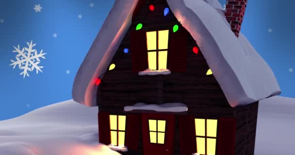 Animazione Fiocchi Neve Sopra Casa Paesaggio Invernale Sfondo Blu Con — Video Stock