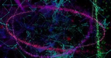 Renkli ışık yollarının animasyonu ve siyah arkaplan üzerindeki bağlantı ağı. Soyut arkaplan, ışık ve hareket kavramı dijital olarak oluşturulmuş video.