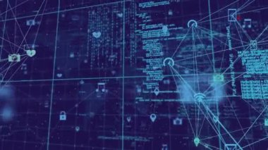 Harita üzerinde bağlı ikon kürenin, ikili kodların ve bilgisayar dilinin animasyonu. Dijital olarak üretilmiş, hologram, iletişim, küreselleşme, kodlama, programlama dili ve teknoloji kavramı.