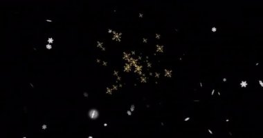 Noel 'de, siyah arka planda parlayan kar tanelerinin üzerine yağan kar animasyonu. Noel, gelenek ve kutlama konsepti dijital olarak oluşturuldu.