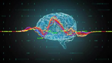 Aydınlanmış insan beyni üzerinde değişen sayılarla çok renkli grafiklerin animasyonu. Dijital olarak üretilmiş, hologram, anatomi, rapor, iş, büyüme, yapay zeka ve teknoloji kavramı.