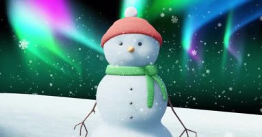 Noel 'de kardan adam ve kış manzarasının üzerine yağan kar animasyonu. Noel, gelenek ve kutlama konsepti dijital olarak oluşturuldu.