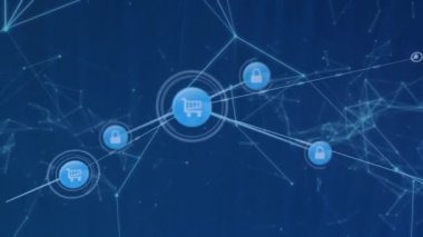 Soyut arkaplana bağlı noktalar üzerine simgelerle bağlı simgelerin canlandırılması. Dijital olarak üretilmiş, hologram, illüstrasyon, iş, alışveriş, koruma ve iletişim konsepti.