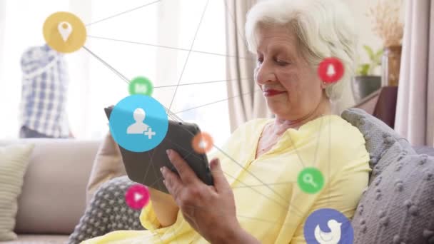 Animation Social Media Icons Data Smiling Senior Caucasian Woman Smartphone — Stock Video