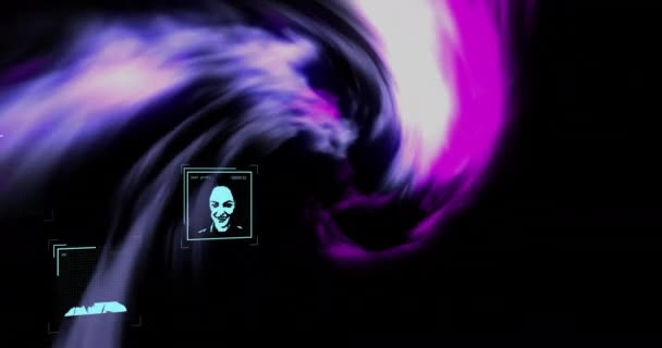 Анімація Цифрових Біометричних Фотографій Фіолетових Світлових Стежок Чорному Тлі Глобальний — стокове відео