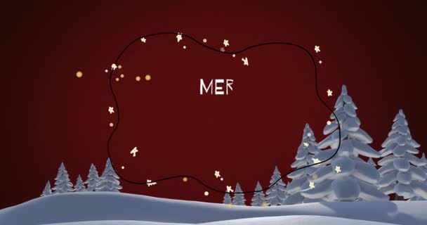 Animatie Van Vrolijk Kerstmis Tekst Sneeuw Vallen Winter Landschap Kerst — Stockvideo