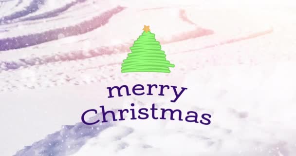 Анимация Веселого Рождественского Текста Снега Падающего Елку Зимних Декорациях Рождество — стоковое видео