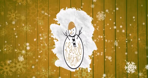 圣诞前夕 雪人在雪人身上的动画 在木制的背景上 用节日的祝福文字向他们致意 圣诞节 传统和庆祝概念数字制作的录像 — 图库视频影像