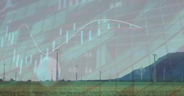 Rüzgar Türbinleri Üzerinde Finansal Veri Işleme Animasyonu Küresel Çevre Finans — Stok video