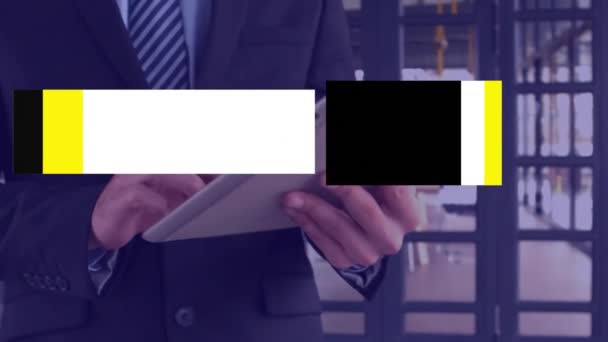 Animation Level Text Caucasian Businessman Standing Scrolling Smartphone Digital Composite — Stock Video