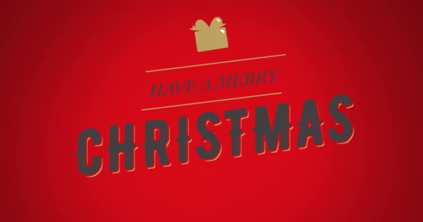 动画的礼品盒 在红色的背景上都有欢乐的圣诞祝福 数字生成 全息图 冬季和庆祝概念 — 图库视频影像