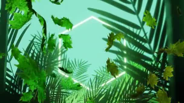 Animation Green Leaves Blowing White Neon Hexagon Jungle Blue Sky — Stock Video