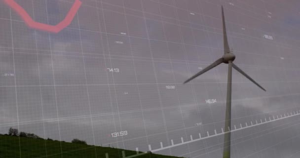 Animacja Przetwarzania Danych Finansowych Nad Turbiną Wiatrową Globalne Środowisko Finanse — Wideo stockowe