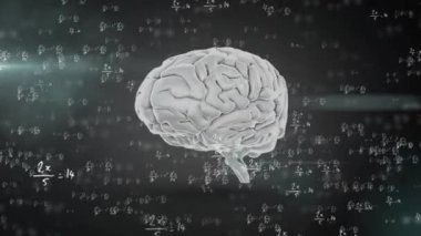 Siyah zemin üzerinde dönen insan beyni ve matematiksel denklemin animasyonu. Dijital olarak üretilmiş, hologram, anatomi, formüller, eğitim, yapay zeka ve teknoloji konsepti.