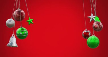 Takı, kadın, kırmızı arka planda sallanan çan animasyonu. Dijital olarak üretilen hologram, illüstrasyon, dekorasyon, noel, bayram, kış ve kutlama konsepti.