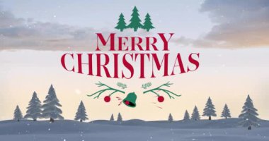Kış manzarasına düşen mutlu noel mesajları ve karın animasyonu. Noel, şenlik, kutlama ve gelenek konsepti dijital olarak oluşturuldu.