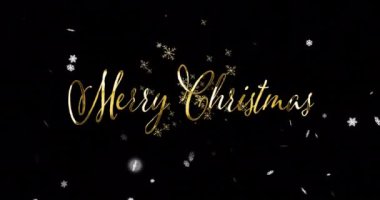 Siyah arka planda kar taneleri üzerine Mutlu Noeller mesajı. Noel, gelenek ve kutlama konsepti dijital olarak oluşturuldu.