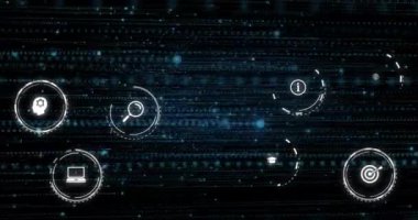 Siyah arkaplanda dijital simgelerin ve veri işlemenin animasyonu. Küresel iş, bağlantılar, hesaplama ve veri işleme kavramı dijital olarak oluşturulmuş video.