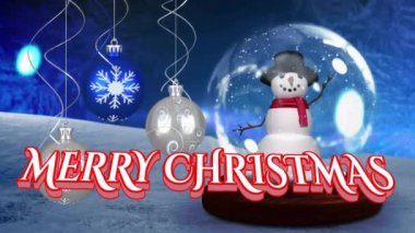 Kış manzarasında kar küresinin üzerine düşen mutlu noel mesajları ve kardan adamın animasyonu. Noel, şenlik, kutlama ve gelenek konsepti dijital olarak oluşturuldu.