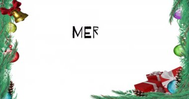 Beyaz arka plandaki süslemeler üzerine mutlu noeller metni animasyonu. Noel, gelenek ve kutlama konsepti dijital olarak oluşturuldu.