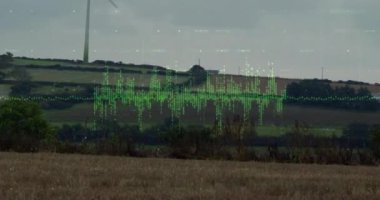 Rüzgar türbini üzerinde finansal veri işleme animasyonu. Küresel çevre, finans, iş, bağlantılar, hesaplama ve veri işleme kavramı dijital olarak oluşturulmuş video.