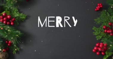 Gri arkaplandaki kar üzerinde neşeli xmas metninin animasyonu. Noel, gelenek ve kutlama konsepti dijital olarak oluşturuldu.