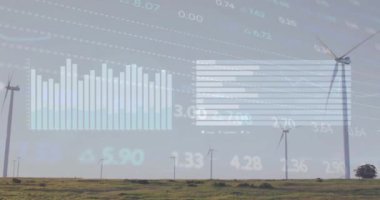 Rüzgar türbinleri üzerinde finansal veri işleme animasyonu. Küresel çevre, finans, iş, bağlantılar, hesaplama ve veri işleme kavramı dijital olarak oluşturulmuş video.