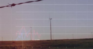 Rüzgar türbinleri üzerinde finansal veri işleme animasyonu. Küresel çevre, finans, iş, bağlantılar, hesaplama ve veri işleme kavramı dijital olarak oluşturulmuş video.
