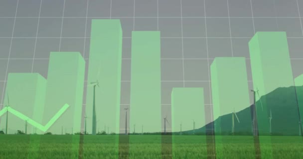 Animering Finansiell Databehandling Över Vindkraftverk Global Miljö Finans Affärsverksamhet Anslutningar — Stockvideo