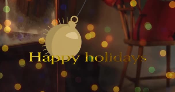 Animation Happy Holiday Text Swinging Bauble Unoccupied Chair Santa Bag — Stock Video
