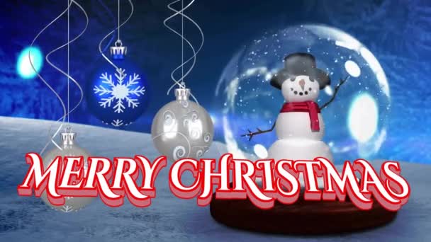 冬の風景に雪だるまと雪が降るメリークリスマステキストと雪のアニメーション クリスマス お祭り お祝い 伝統的なコンセプトデジタル生成ビデオ — ストック動画