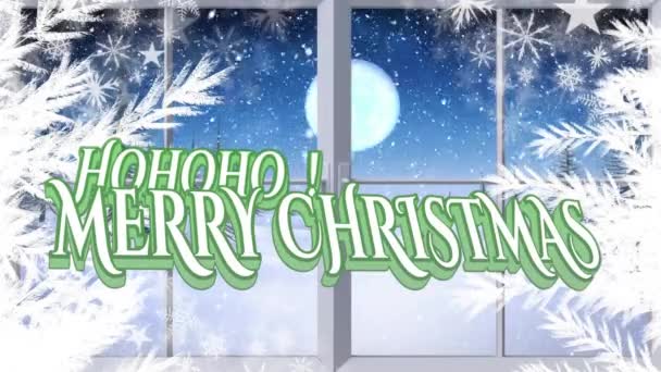 Animação Texto Natal Alegre Neve Caindo Sobre Papai Noel Trenó — Vídeo de Stock