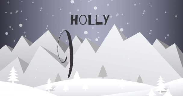 Animação Neve Caindo Holly Texto Alegre Sobre Paisagem Inverno Natal — Vídeo de Stock