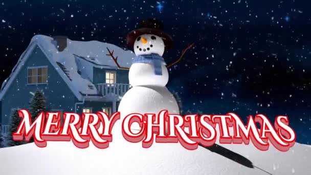 雪と冬の風景の上に落ちるメリークリスマステキストと雪のアニメーション クリスマス お祭り お祝い 伝統的なコンセプトデジタル生成ビデオ — ストック動画