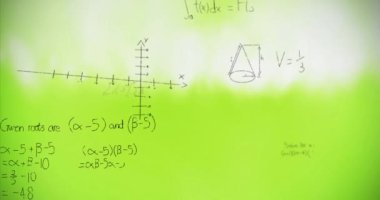 Yeşil gradyan üzerinde yüzen matematiksel denklemlerin ve diyagramların animasyonu. Okul ve eğitim kavramı