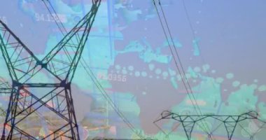 Elektrik direkleri üzerinde finansal veri işleme animasyonu. Küresel çevre, finans, iş, bağlantılar, hesaplama ve veri işleme kavramı dijital olarak oluşturulmuş video.