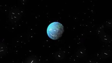 Kara gece gökyüzünde dönen yıldızların ve dünyanın animasyonu. Uzay, dünya, evren ve galaksi konsepti dijital olarak oluşturulmuş video.